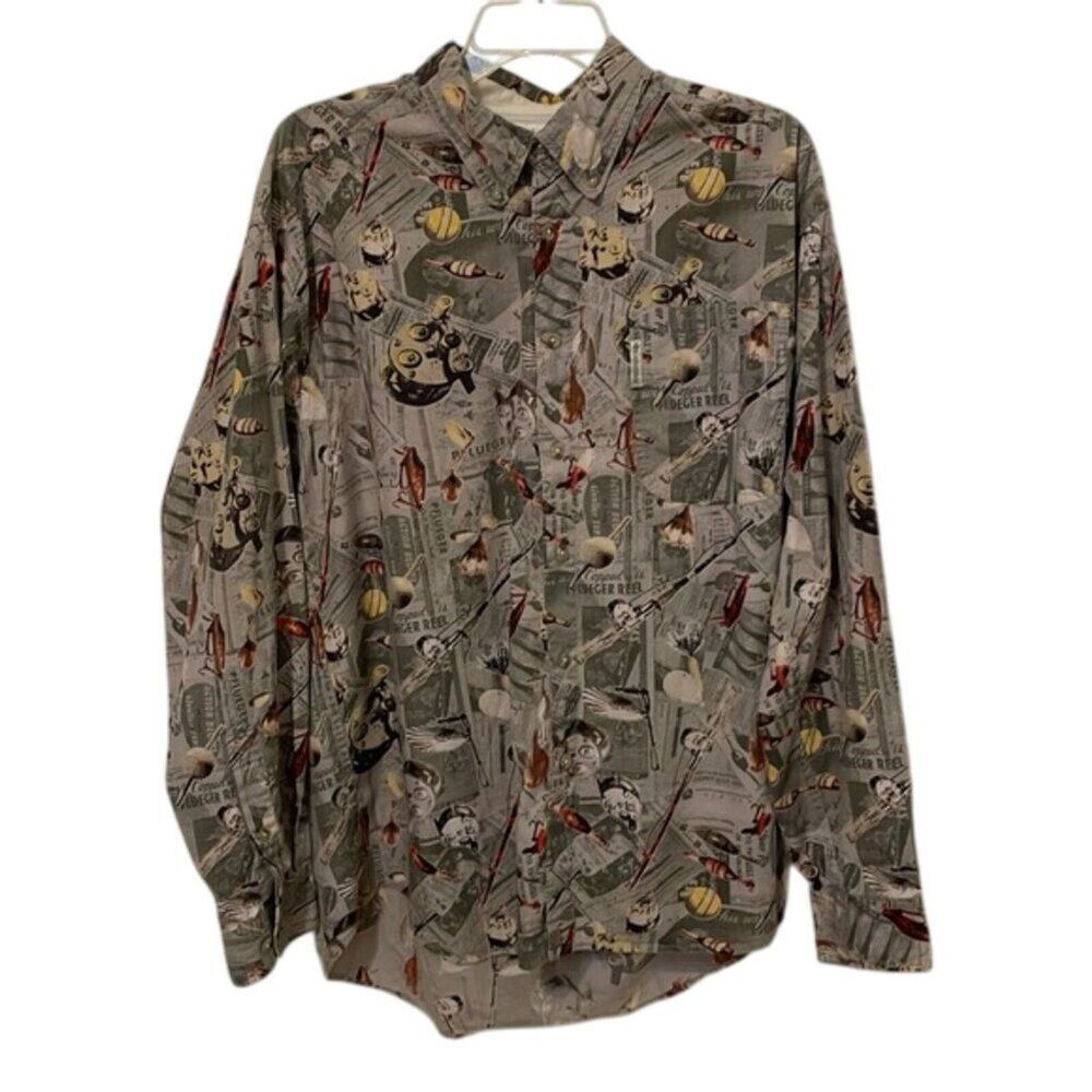 Columbia Vintage Button Down Shirt Mens Size Large Fishing Novelty Print